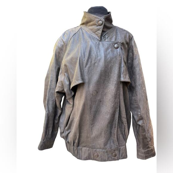 Vtg 90s Express Brown Distressed Oversized Grunge Moto Bomber Leather Coat L - Picture 4 of 10